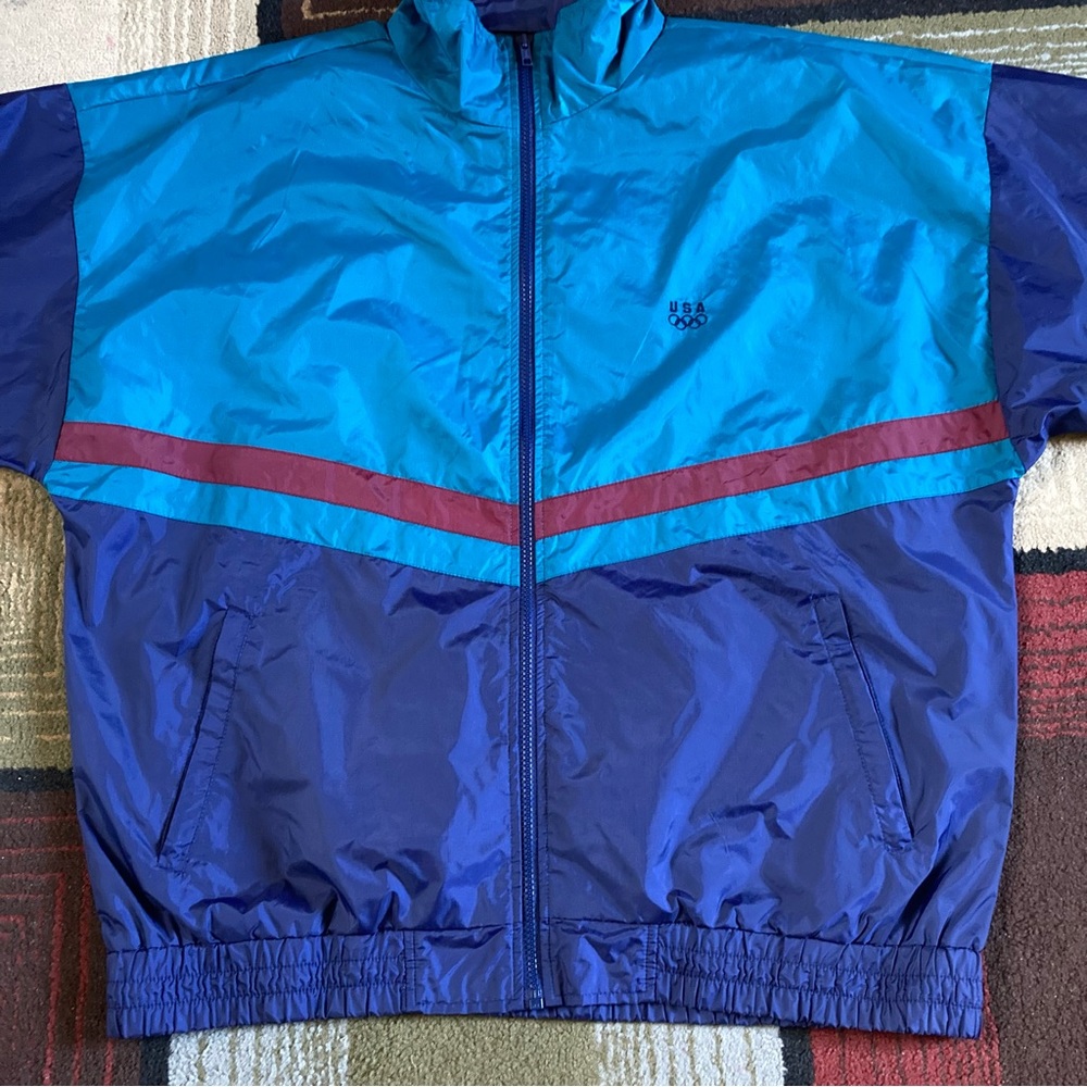 Vintage USA Olympics Color Block Nylon Windbreaker Jacket Full Zip Sz L - Picture 2 of 8